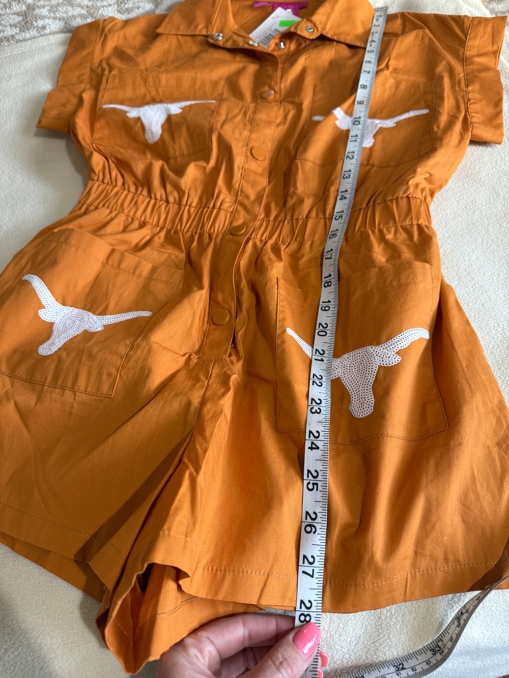 QUEEN OF SPARKLES Orange Short-Sleeve Utility Romper with White Embroidery - Picture 9 of 9
